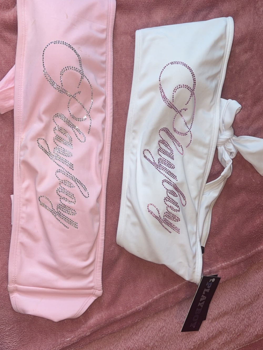 PLAYBOY Girls Bandeau Swim Tops - Pink & White with Rhinestone Script